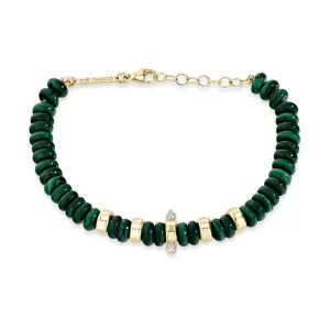 14k Gold & Malachite Rondelle Bead Bracelet with 2 Prong Diamonds