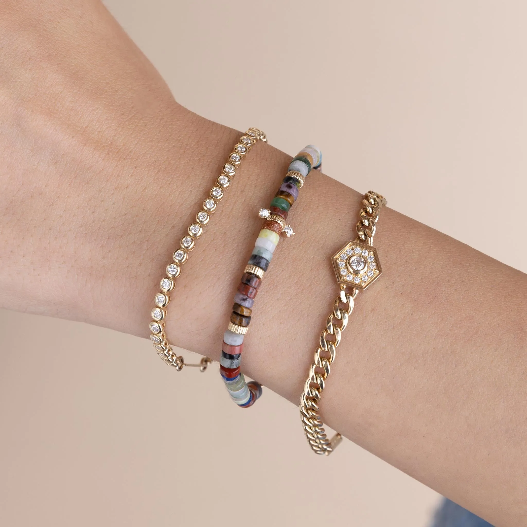 14k Gold & Mixed Gemstone Heishi Bead Bracelet with 2 Prong Diamonds