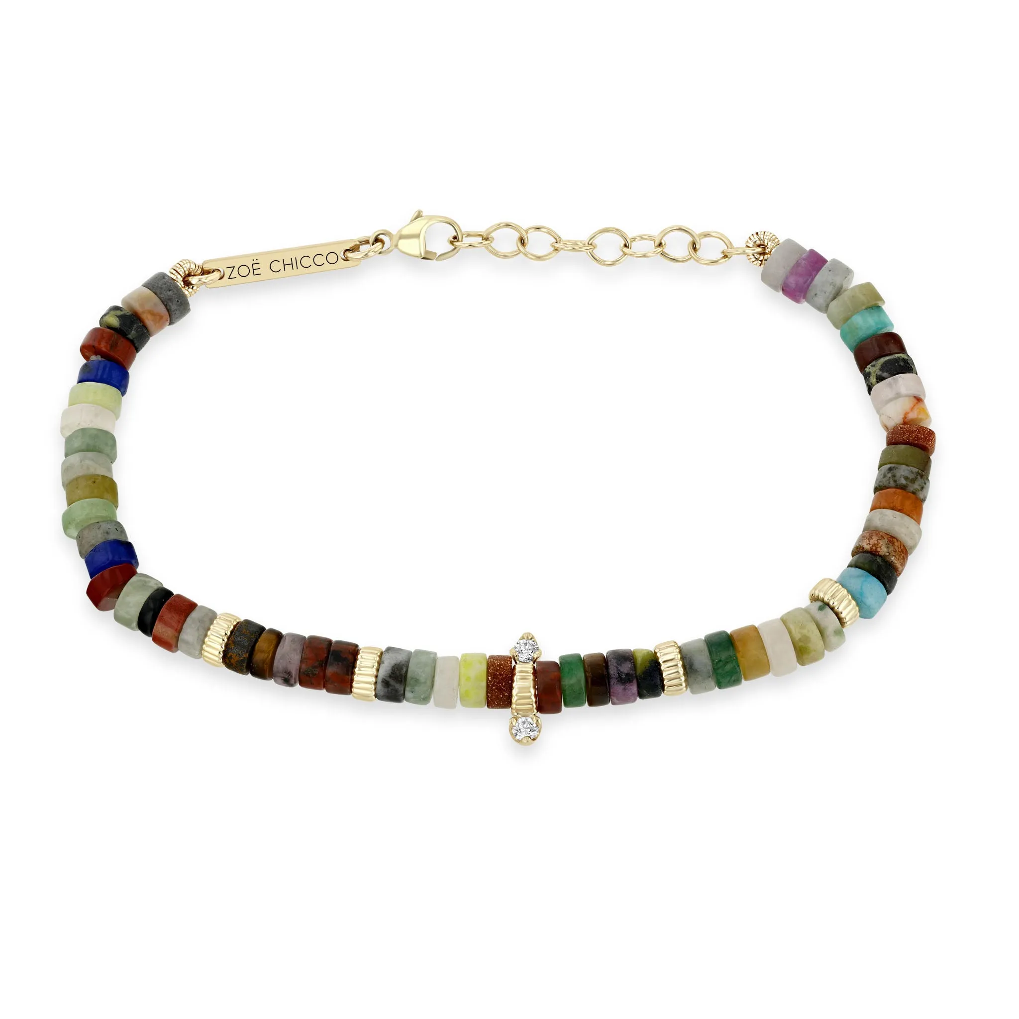 14k Gold & Mixed Gemstone Heishi Bead Bracelet with 2 Prong Diamonds