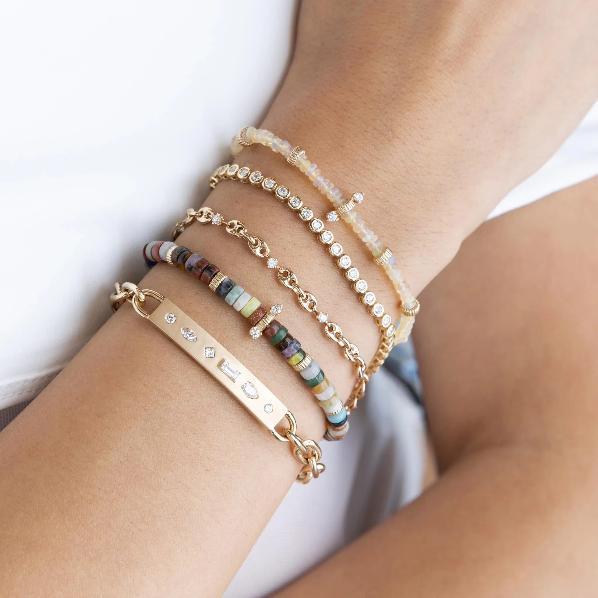 14k Gold & Mixed Gemstone Heishi Bead Bracelet with 2 Prong Diamonds