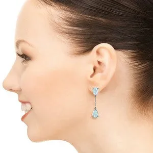 14K Solid White Gold Diamonds & Aquamarines Dangling Earrings