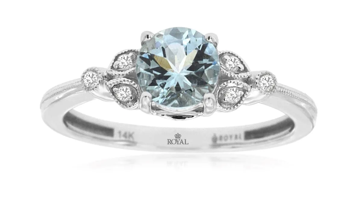 14k white gold round aquamarine diamond accents ring