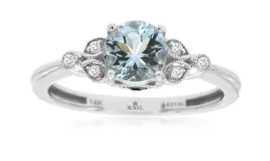 14k white gold round aquamarine diamond accents ring