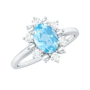 1.50 CT Oval Cut Aquamarine Floral Ring with Diamond Halo