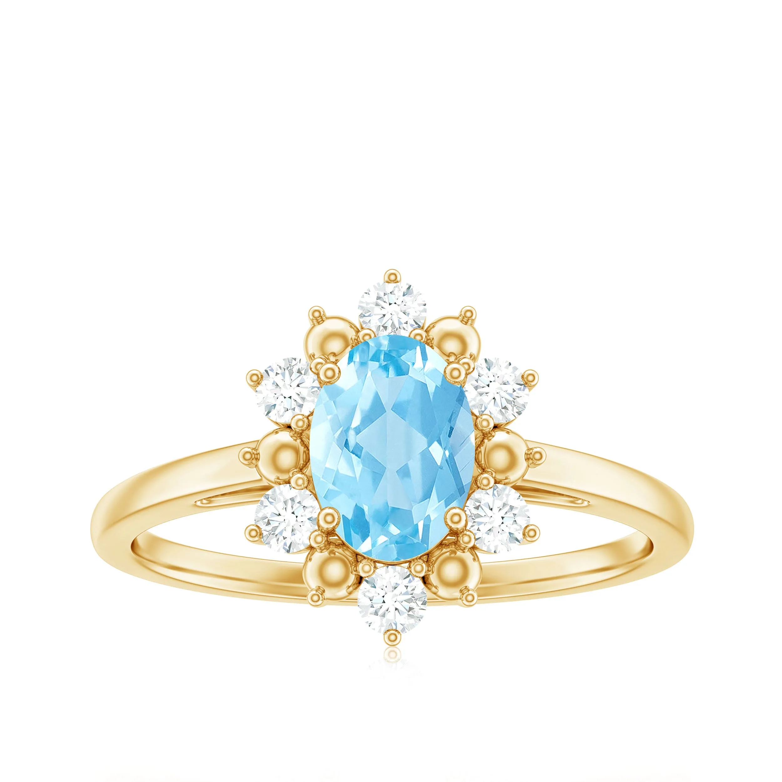 1.50 CT Oval Cut Aquamarine Floral Ring with Diamond Halo
