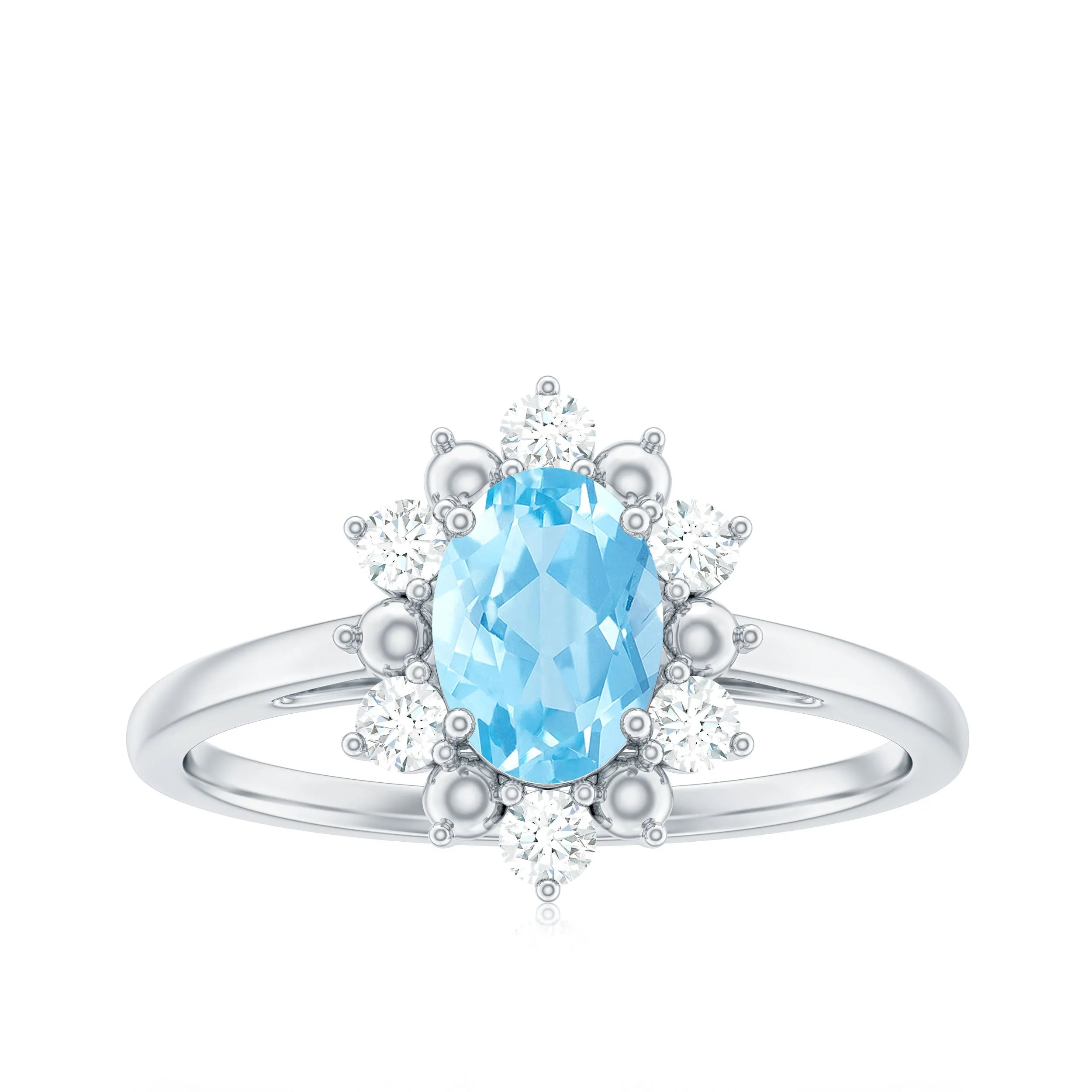 1.50 CT Oval Cut Aquamarine Floral Ring with Diamond Halo