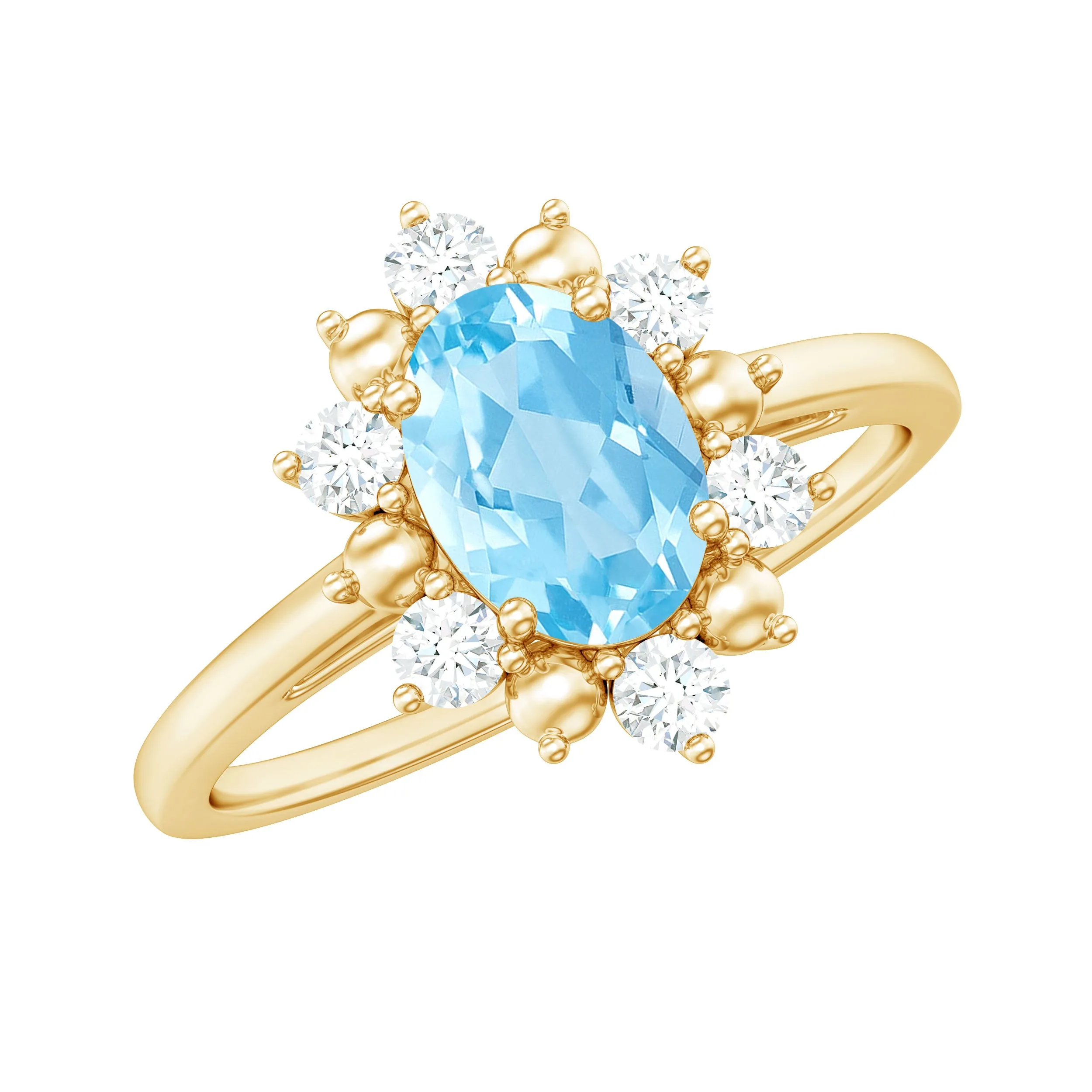 1.50 CT Oval Cut Aquamarine Floral Ring with Diamond Halo