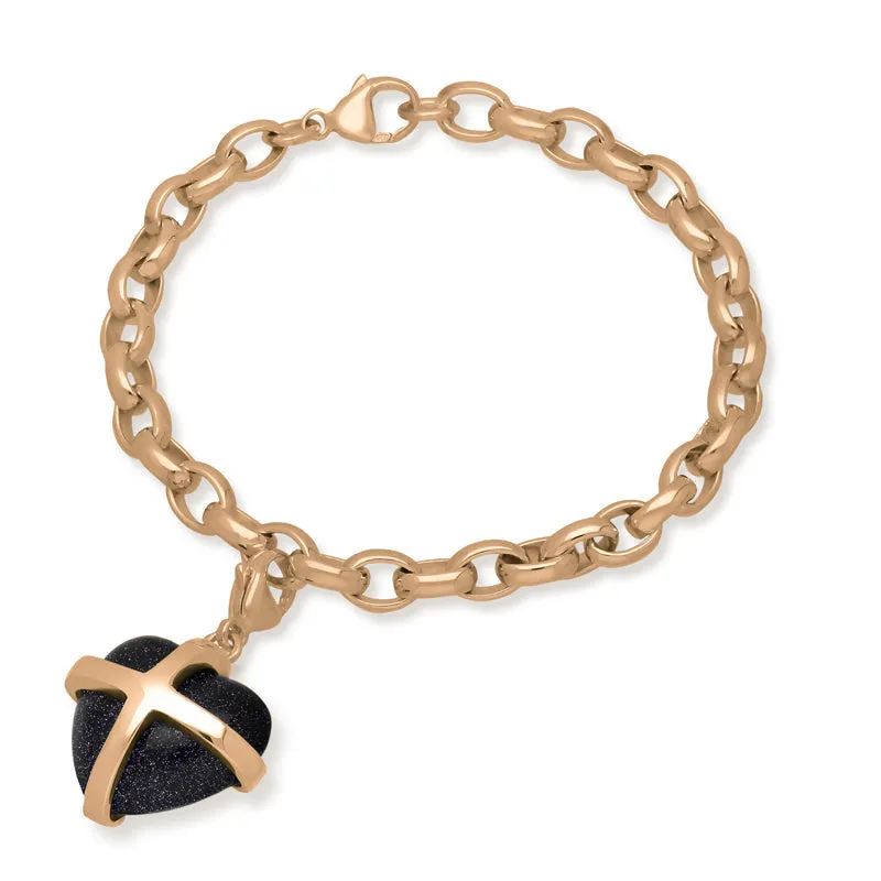 18ct Rose Gold Blue Goldstone Large Cross Heart Charm Bracelet