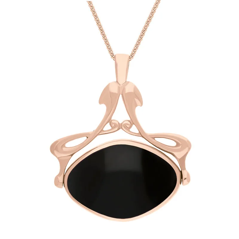 18ct Rose Gold Whitby Jet Malachite Bell Diamond Swivel Fob Necklace