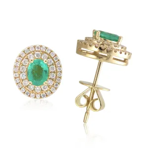 18k Gold Diamond & Green Emerald Oval Stud Earrings