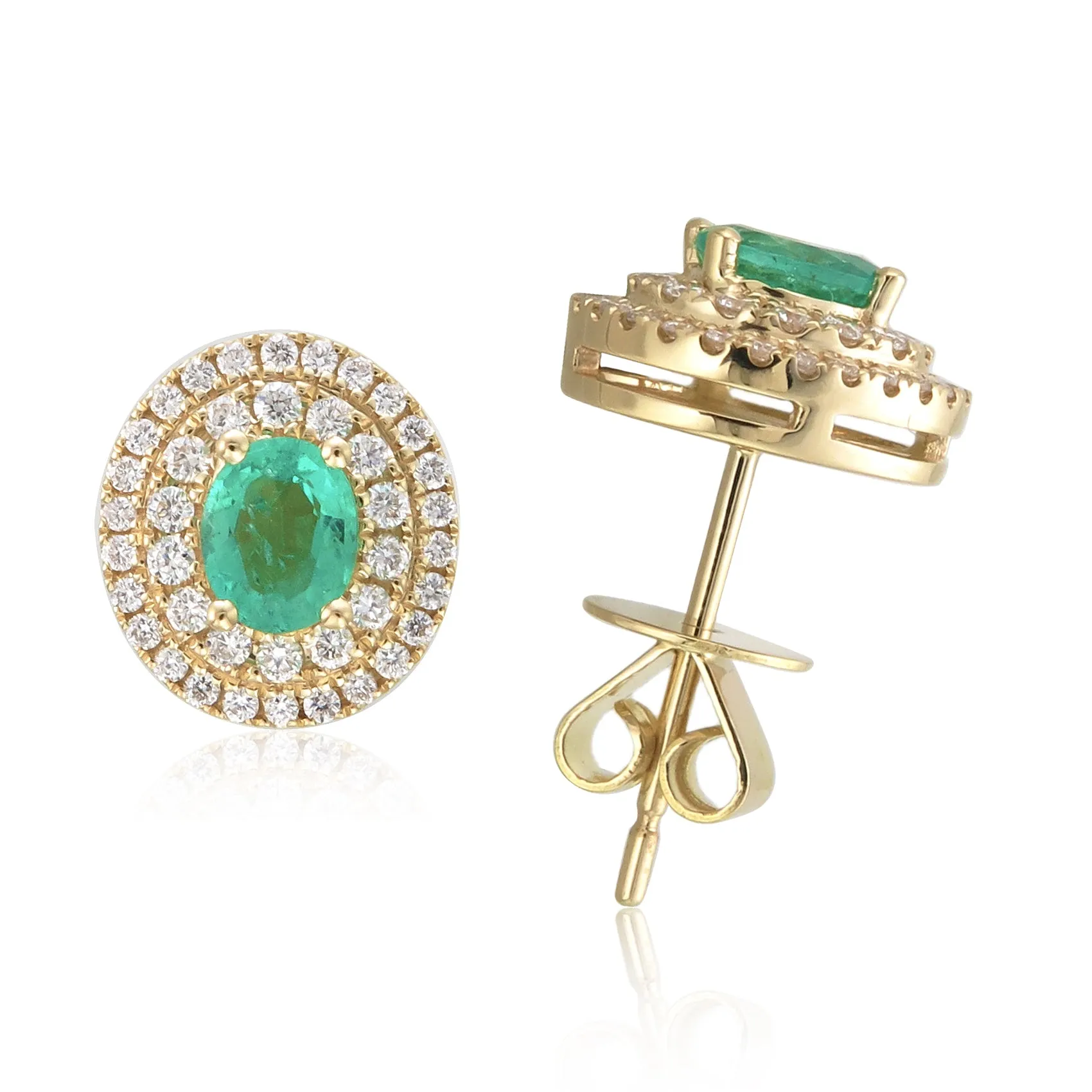 18k Gold Diamond & Green Emerald Oval Stud Earrings