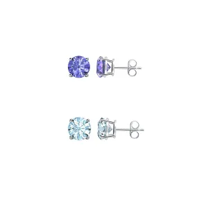 18k White Gold Plated 1/2Ct Created Tanzanite and Aquamarine 2 Pair Round Stud Earrings