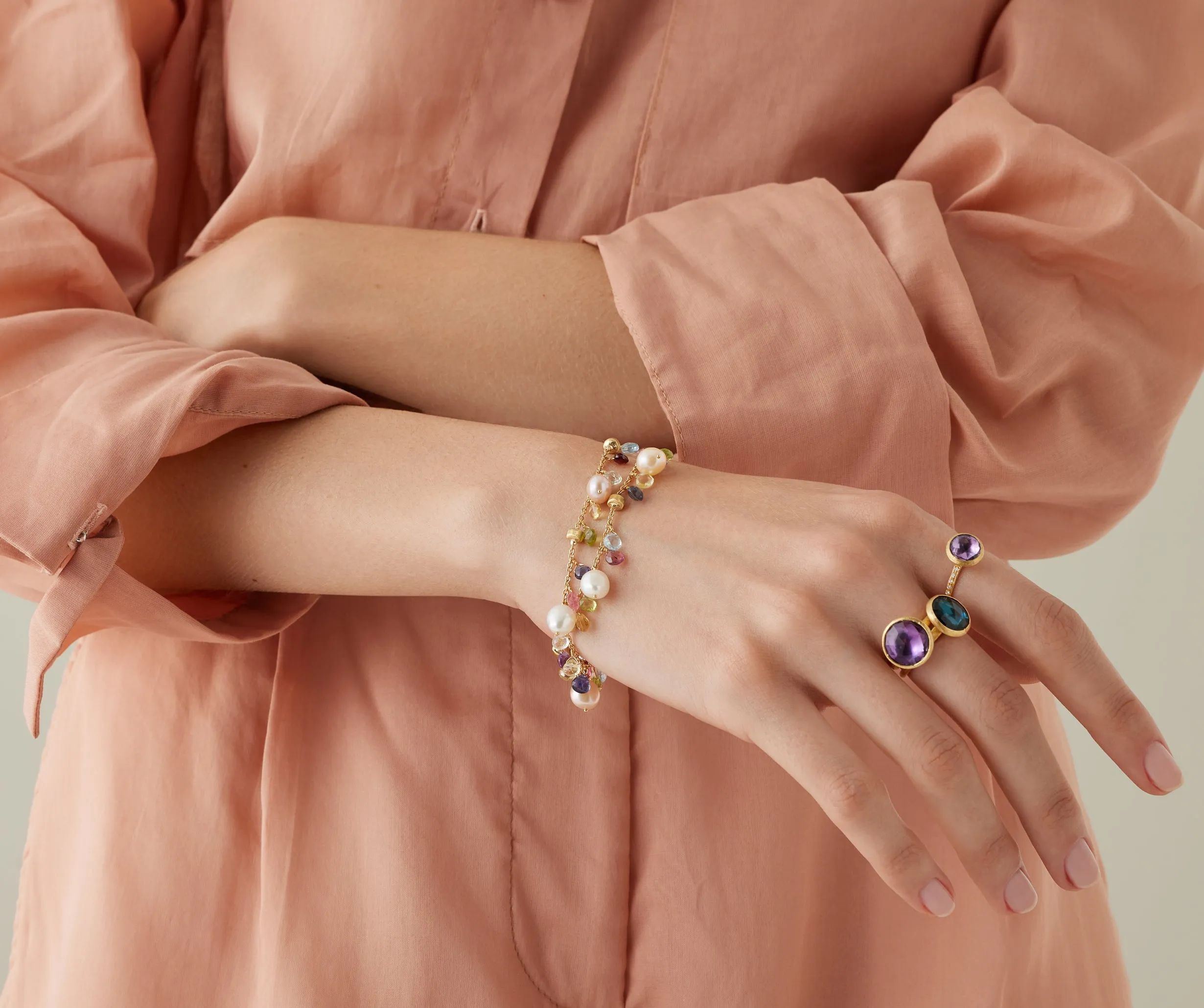 18K Yellow Gold 2-Strand Gemstone Bracelet With Freshwater Pearls