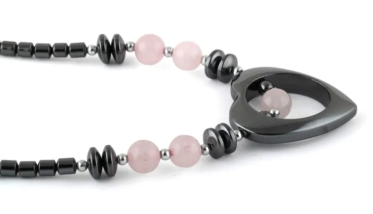 18" Open Heart Rose Quartz Stone Hematite Necklace