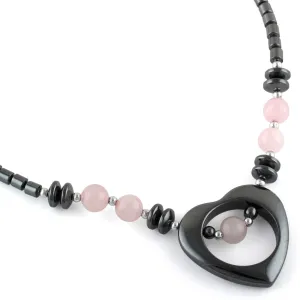 18" Open Heart Rose Quartz Stone Hematite Necklace