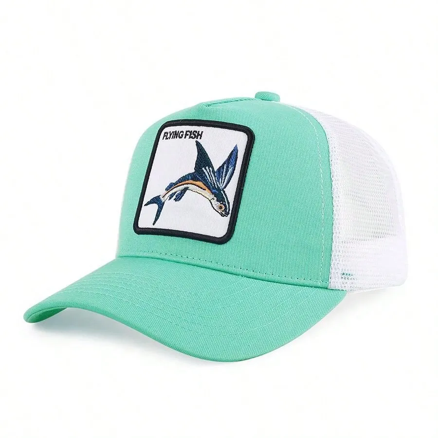 1pc Men's Fashion Color Block Ocean Animal Baseball Cap, Summer Outdoor Sun Hat, Unique Half Mesh Trucker Cap, Baseball Cap, Suitable For Everyday Wear