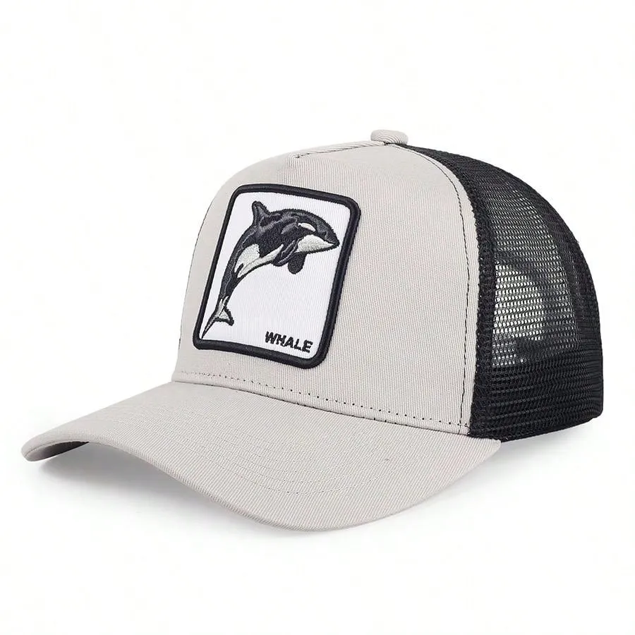 1pc Men's Fashion Color Block Ocean Animal Baseball Cap, Summer Outdoor Sun Hat, Unique Half Mesh Trucker Cap, Baseball Cap, Suitable For Everyday Wear