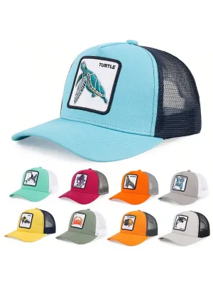1pc Men's Fashion Color Block Ocean Animal Baseball Cap, Summer Outdoor Sun Hat, Unique Half Mesh Trucker Cap, Baseball Cap, Suitable For Everyday Wear