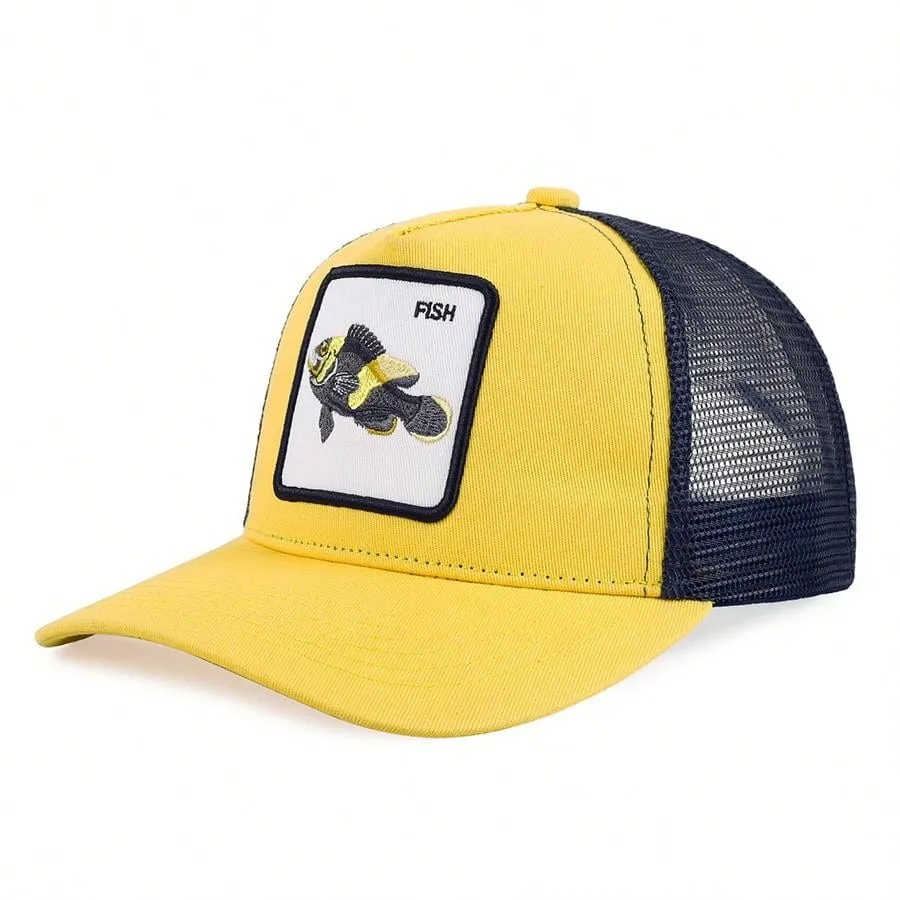 1pc Men's Fashion Color Block Ocean Animal Baseball Cap, Summer Outdoor Sun Hat, Unique Half Mesh Trucker Cap, Baseball Cap, Suitable For Everyday Wear