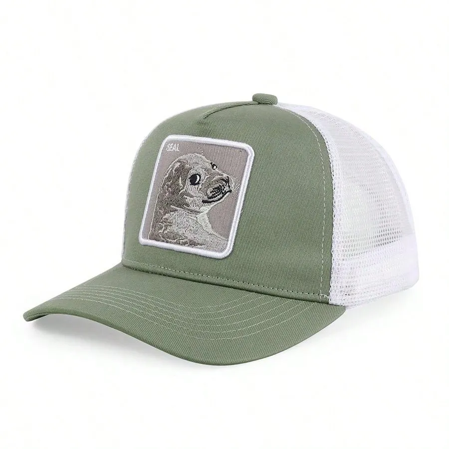 1pc Men's Fashion Color Block Ocean Animal Baseball Cap, Summer Outdoor Sun Hat, Unique Half Mesh Trucker Cap, Baseball Cap, Suitable For Everyday Wear