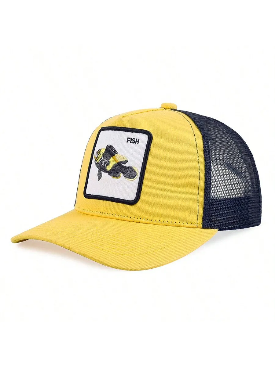 1pc Men's Fashion Color Block Ocean Animal Baseball Cap, Summer Outdoor Sun Hat, Unique Half Mesh Trucker Cap, Baseball Cap, Suitable For Everyday Wear