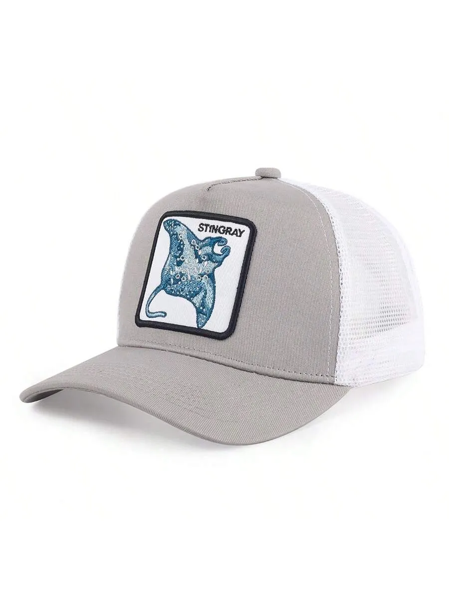 1pc Men's Fashion Color Block Ocean Animal Baseball Cap, Summer Outdoor Sun Hat, Unique Half Mesh Trucker Cap, Baseball Cap, Suitable For Everyday Wear