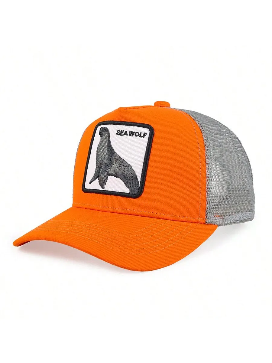 1pc Men's Fashion Color Block Ocean Animal Baseball Cap, Summer Outdoor Sun Hat, Unique Half Mesh Trucker Cap, Baseball Cap, Suitable For Everyday Wear