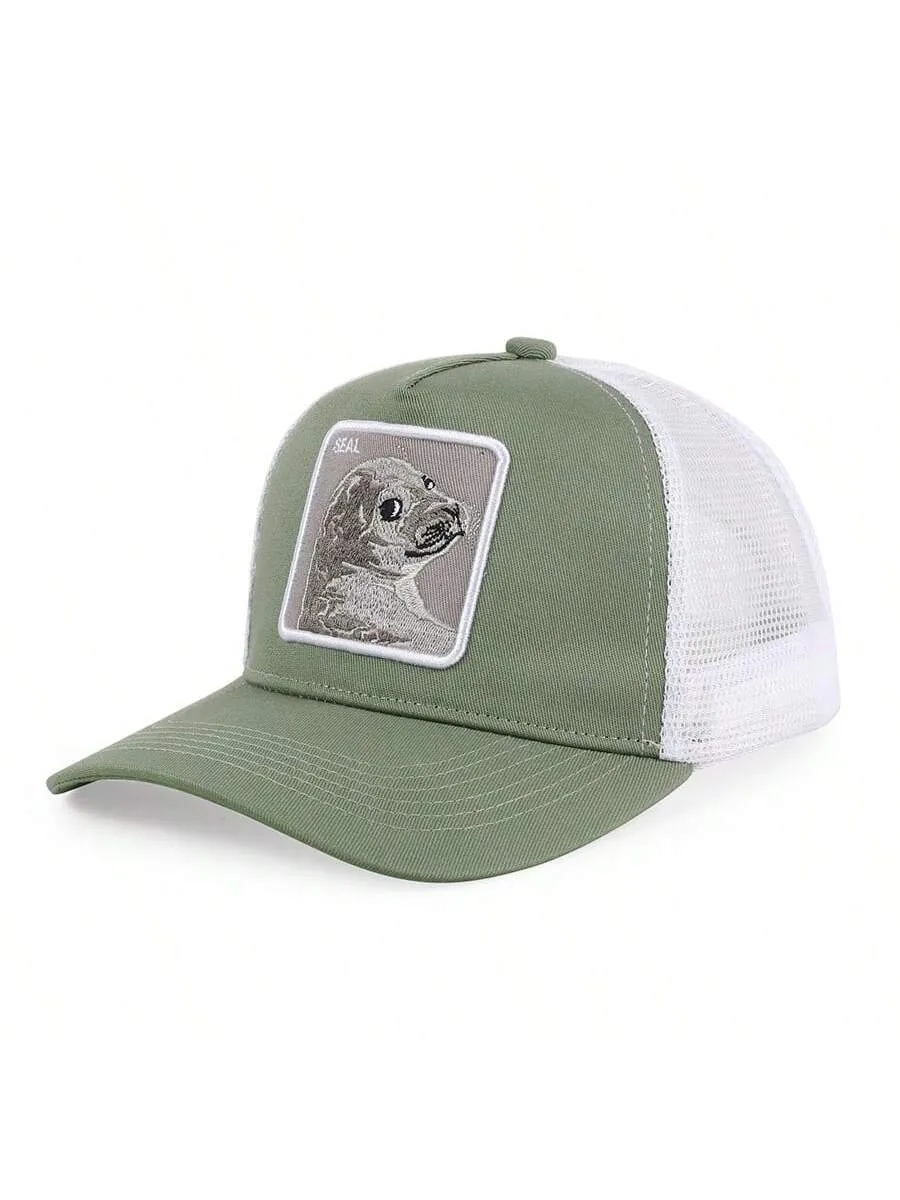 1pc Men's Fashion Color Block Ocean Animal Baseball Cap, Summer Outdoor Sun Hat, Unique Half Mesh Trucker Cap, Baseball Cap, Suitable For Everyday Wear