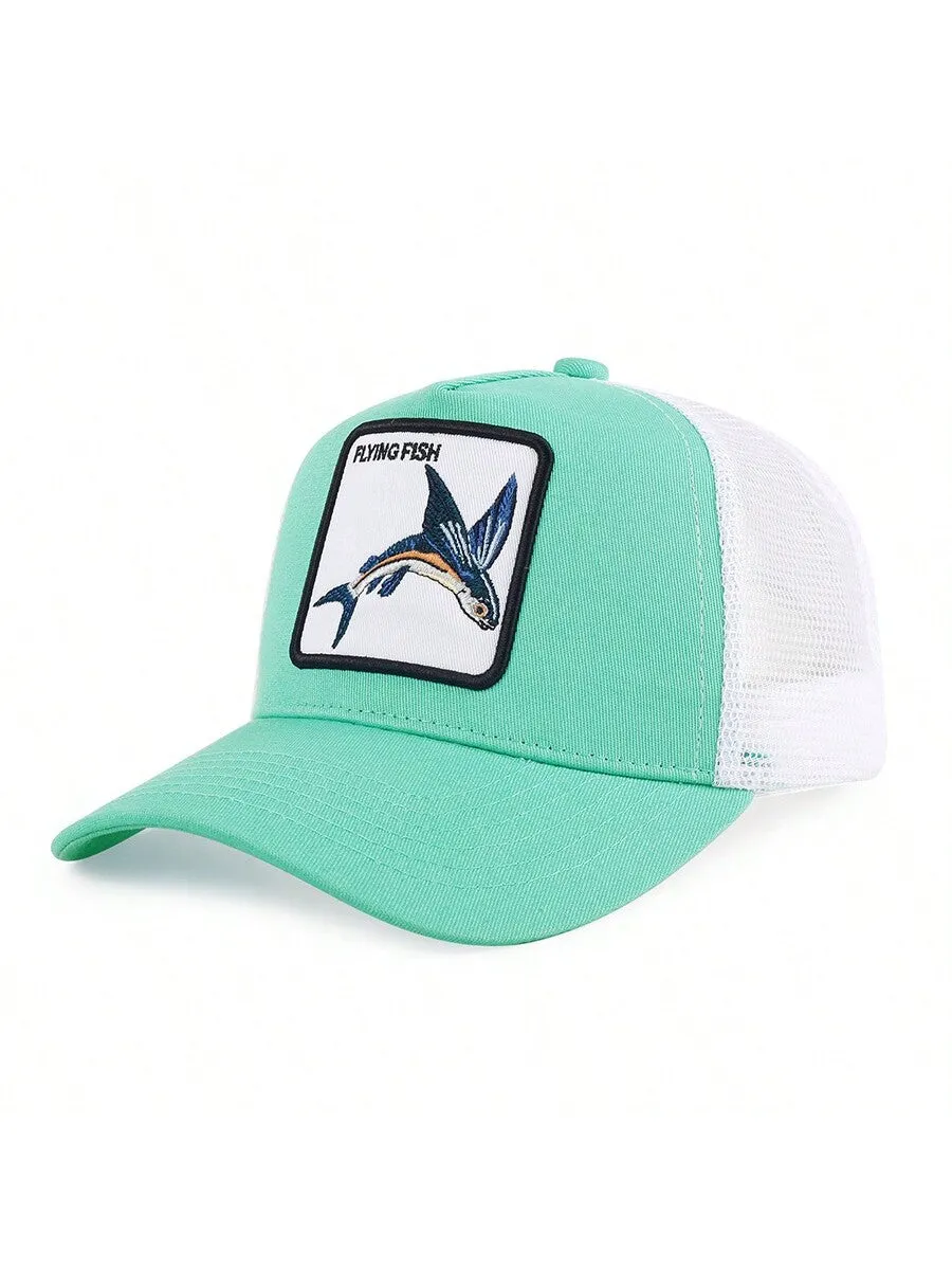 1pc Men's Fashion Color Block Ocean Animal Baseball Cap, Summer Outdoor Sun Hat, Unique Half Mesh Trucker Cap, Baseball Cap, Suitable For Everyday Wear