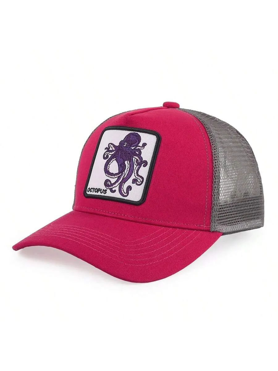 1pc Men's Fashion Color Block Ocean Animal Baseball Cap, Summer Outdoor Sun Hat, Unique Half Mesh Trucker Cap, Baseball Cap, Suitable For Everyday Wear