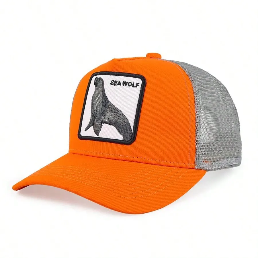 1pc Men's Fashion Color Block Ocean Animal Baseball Cap, Summer Outdoor Sun Hat, Unique Half Mesh Trucker Cap, Baseball Cap, Suitable For Everyday Wear