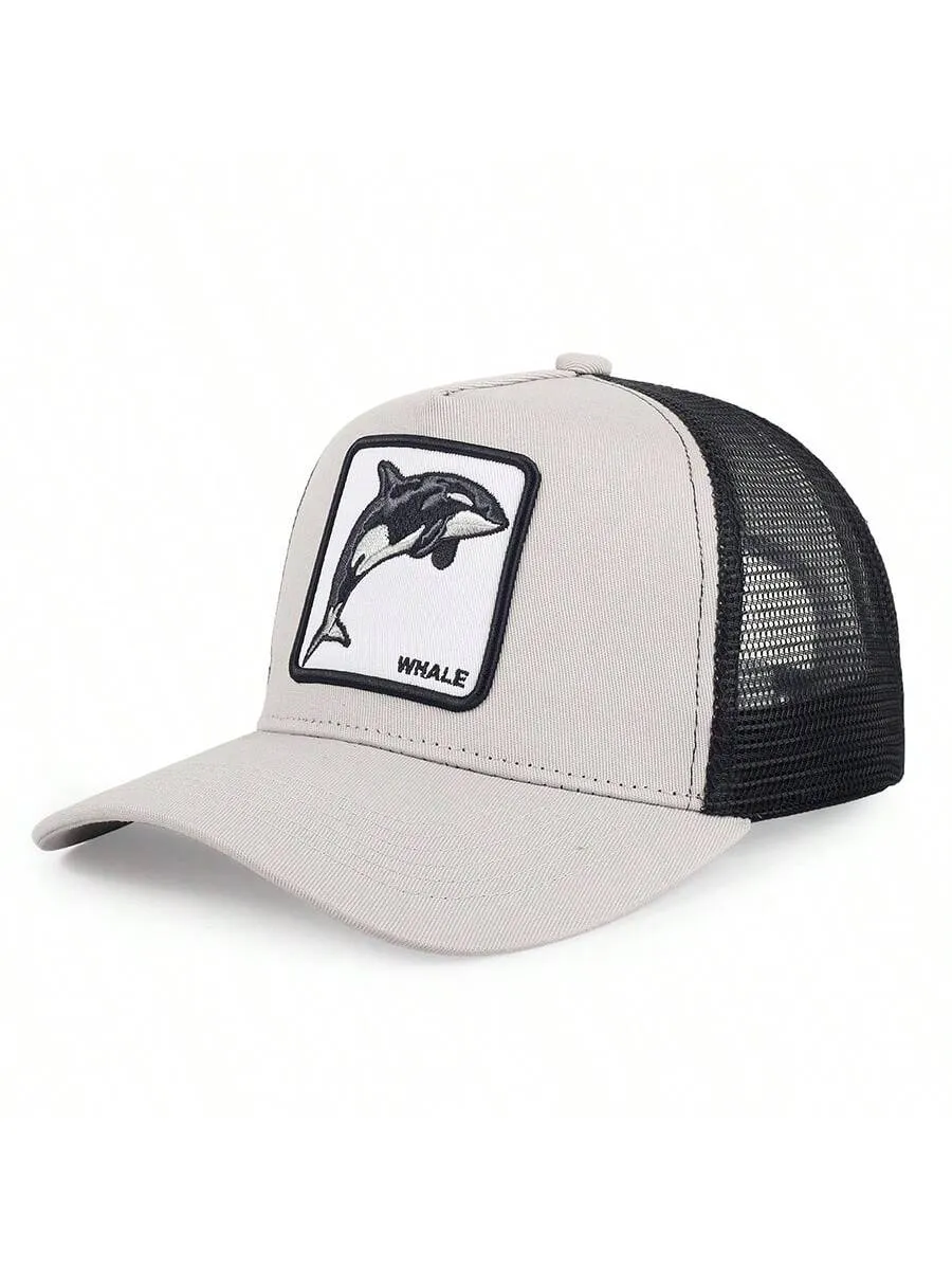 1pc Men's Fashion Color Block Ocean Animal Baseball Cap, Summer Outdoor Sun Hat, Unique Half Mesh Trucker Cap, Baseball Cap, Suitable For Everyday Wear