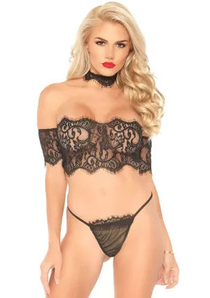 3 Pc Eyelash Strapless Crop Top With Cuff Sleeves Choker and Matching G-String - Black - Small- Medium