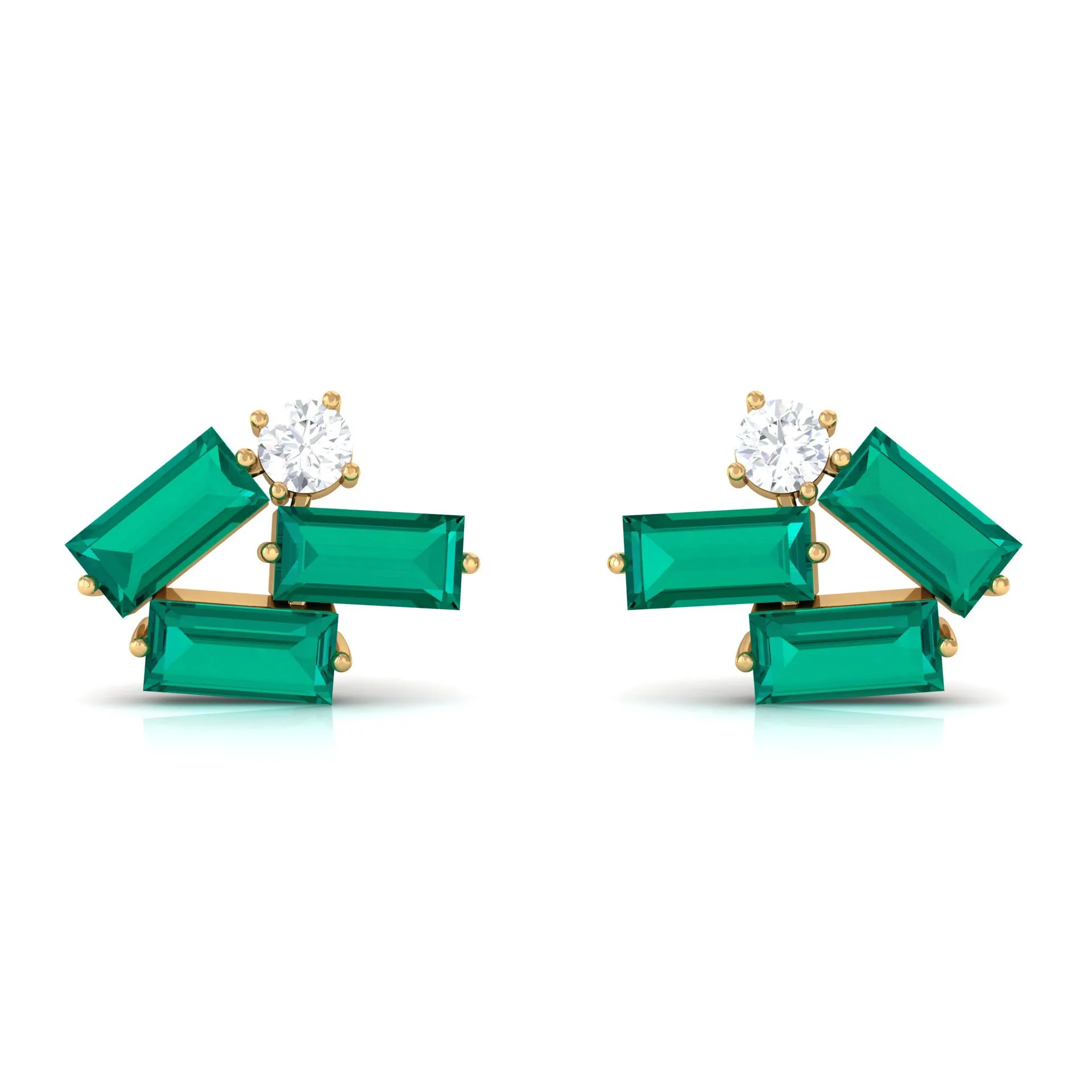 3/4 CT Modern Stud Earrings with Baguette Shape Emerald and Moissanite