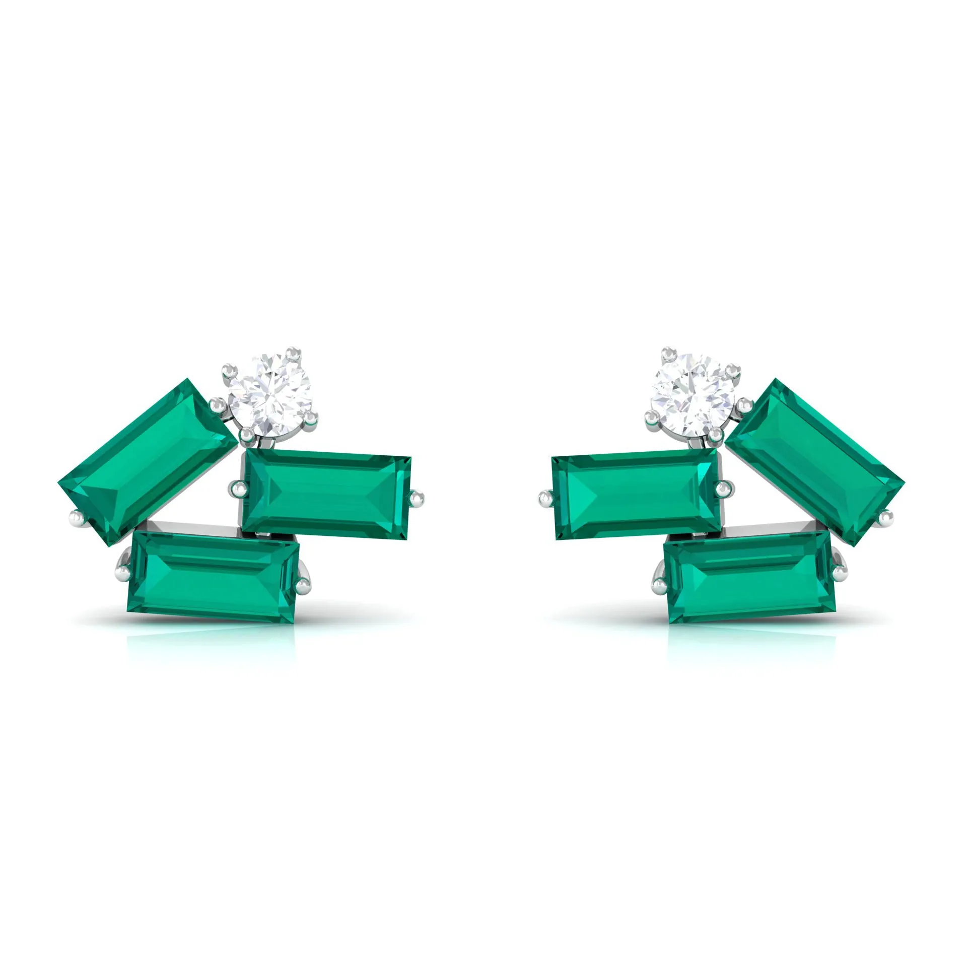 3/4 CT Modern Stud Earrings with Baguette Shape Emerald and Moissanite