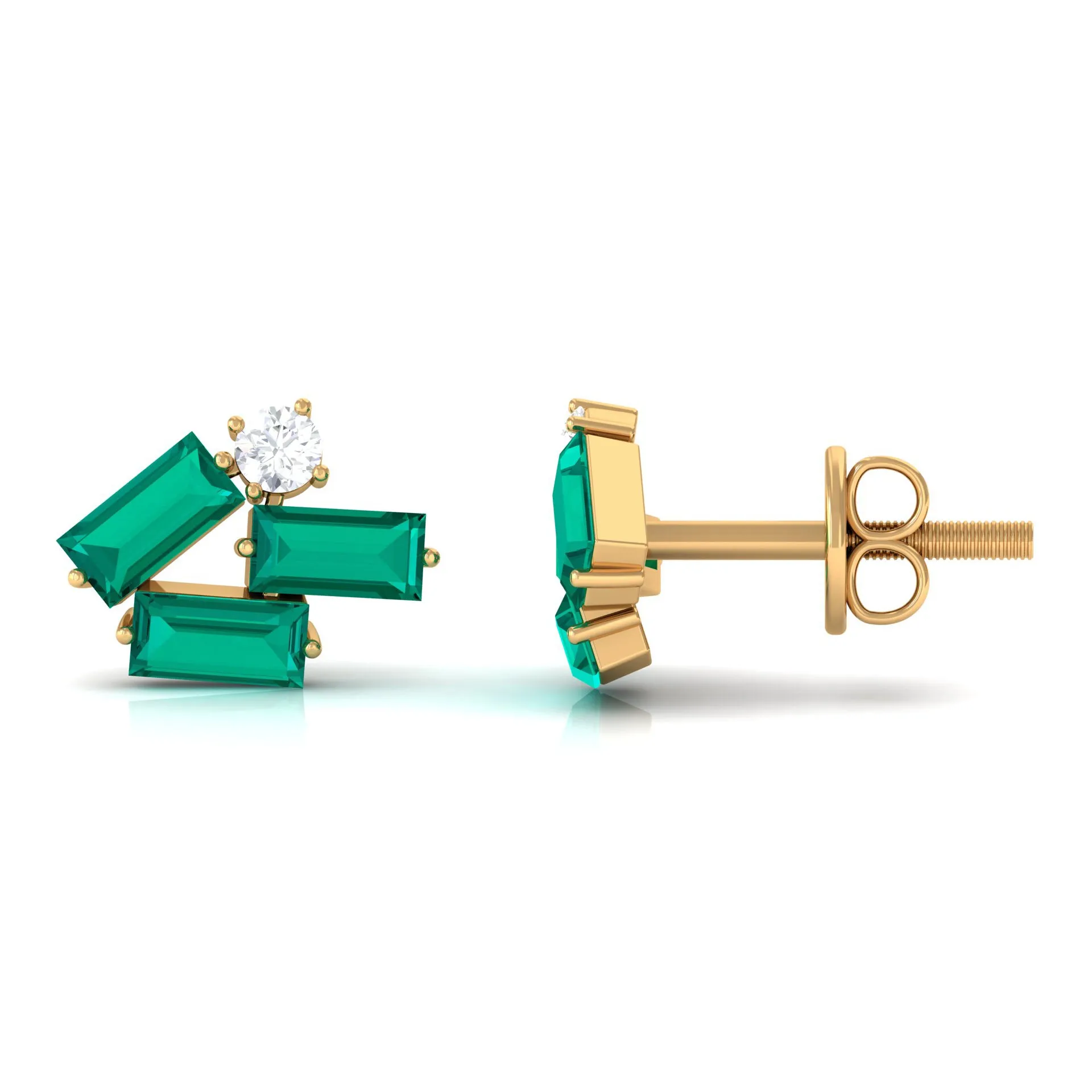 3/4 CT Modern Stud Earrings with Baguette Shape Emerald and Moissanite
