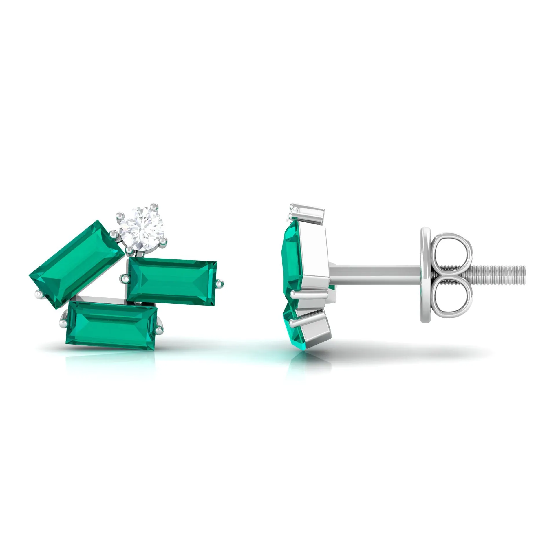 3/4 CT Modern Stud Earrings with Baguette Shape Emerald and Moissanite