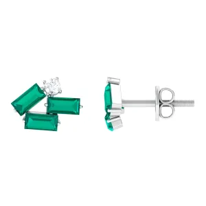 3/4 CT Modern Stud Earrings with Baguette Shape Emerald and Moissanite