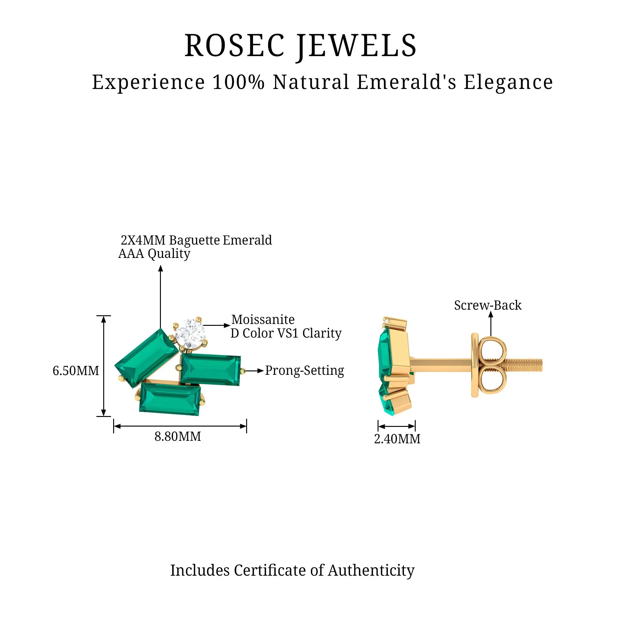 3/4 CT Modern Stud Earrings with Baguette Shape Emerald and Moissanite