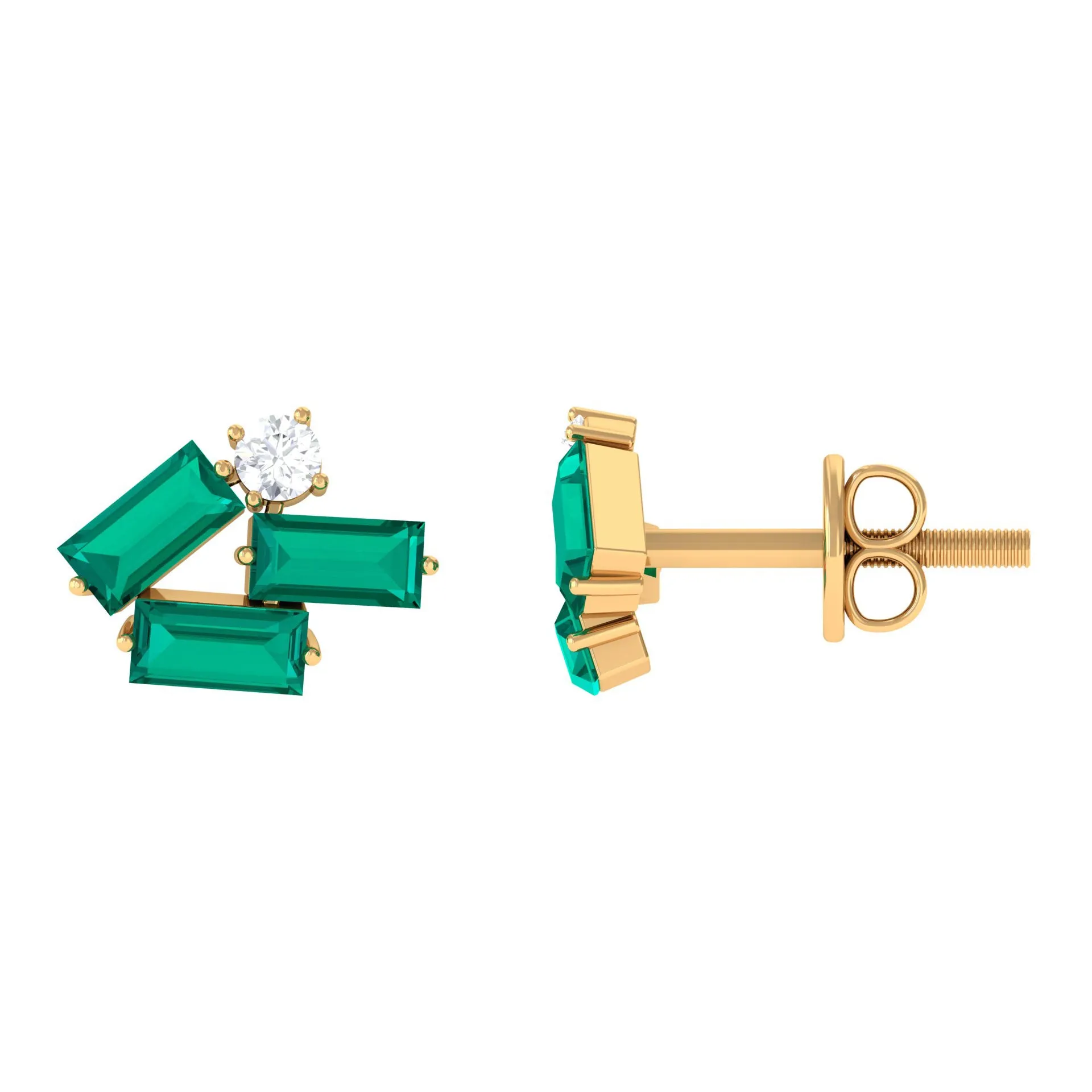 3/4 CT Modern Stud Earrings with Baguette Shape Emerald and Moissanite