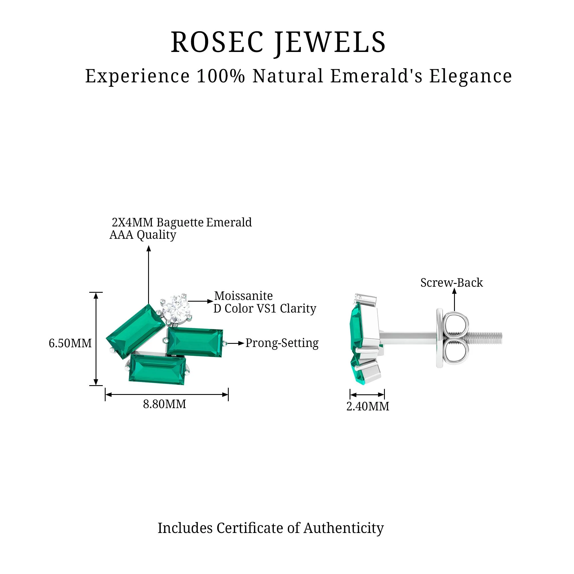 3/4 CT Modern Stud Earrings with Baguette Shape Emerald and Moissanite