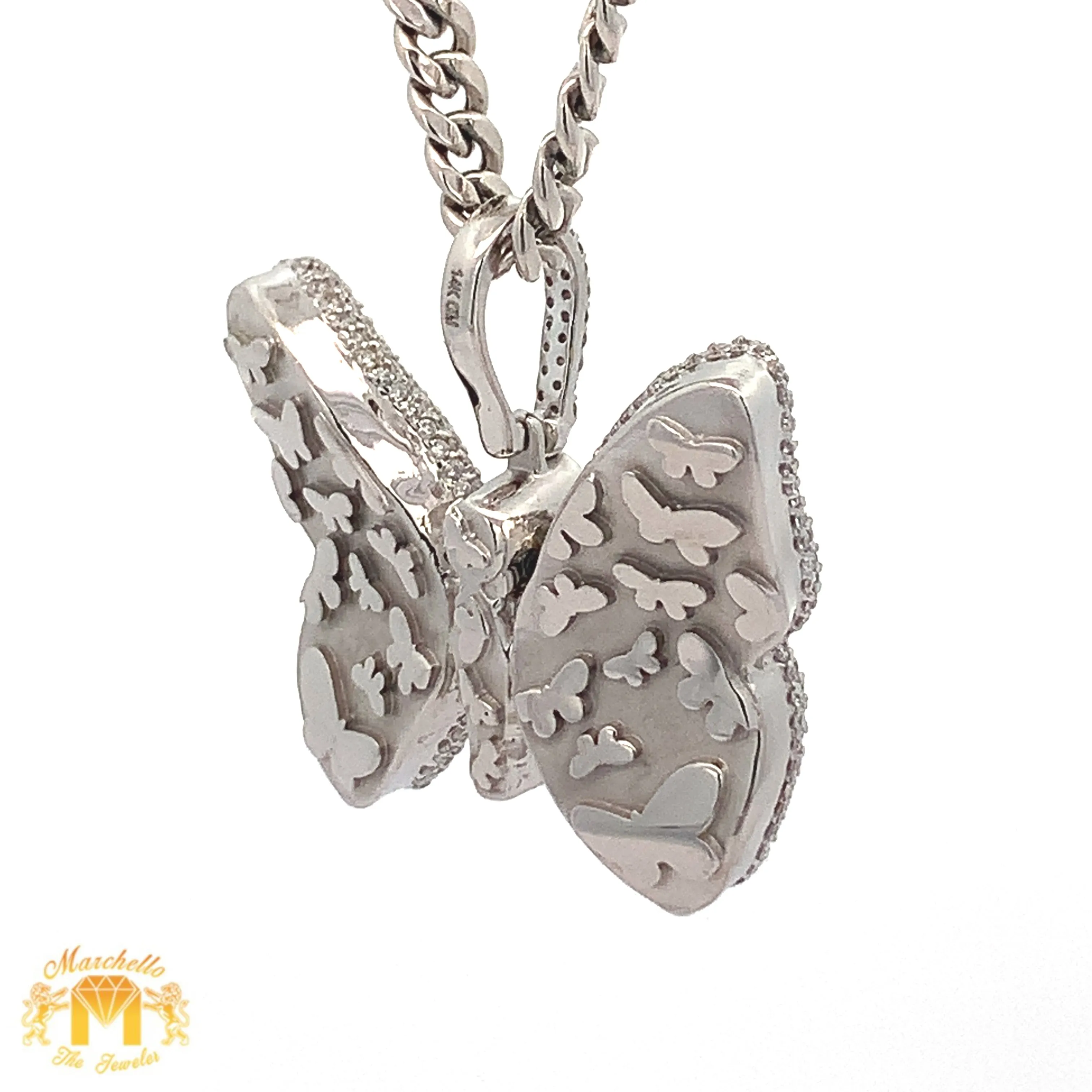 3.42ct diamonds 14k White Gold Butterfly Pendant with Emerald cut and Round Diamonds and 14k white gold Cuban Link Chain Set