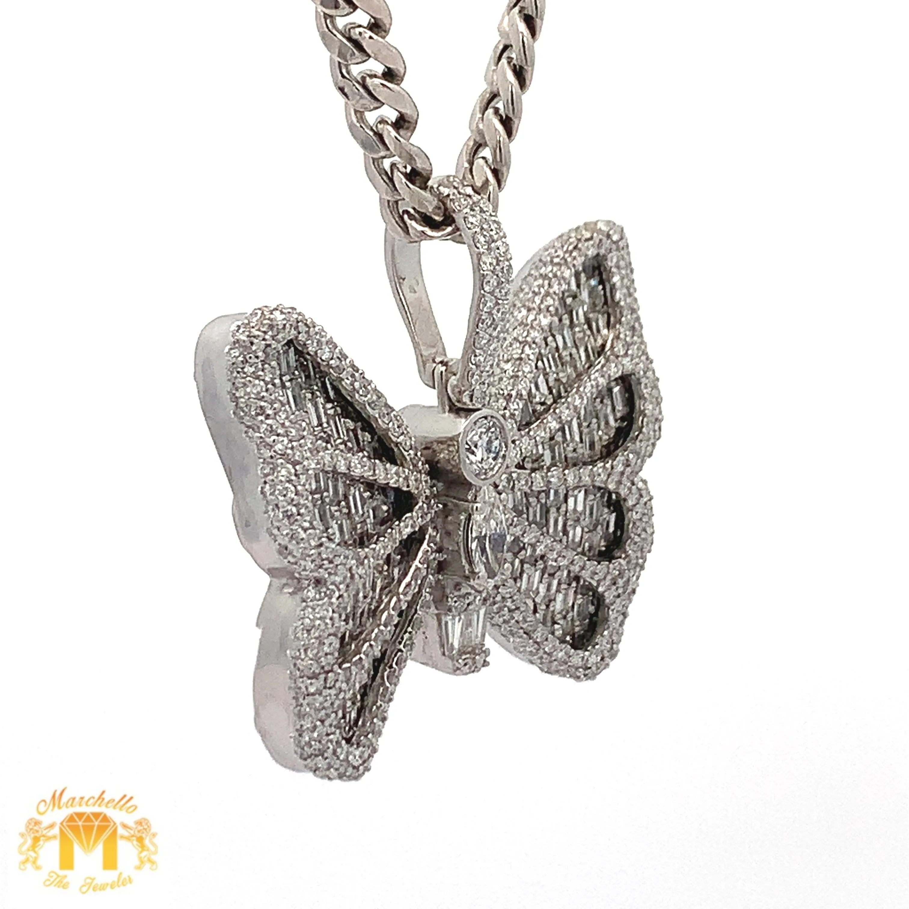 3.42ct diamonds 14k White Gold Butterfly Pendant with Emerald cut and Round Diamonds and 14k white gold Cuban Link Chain Set