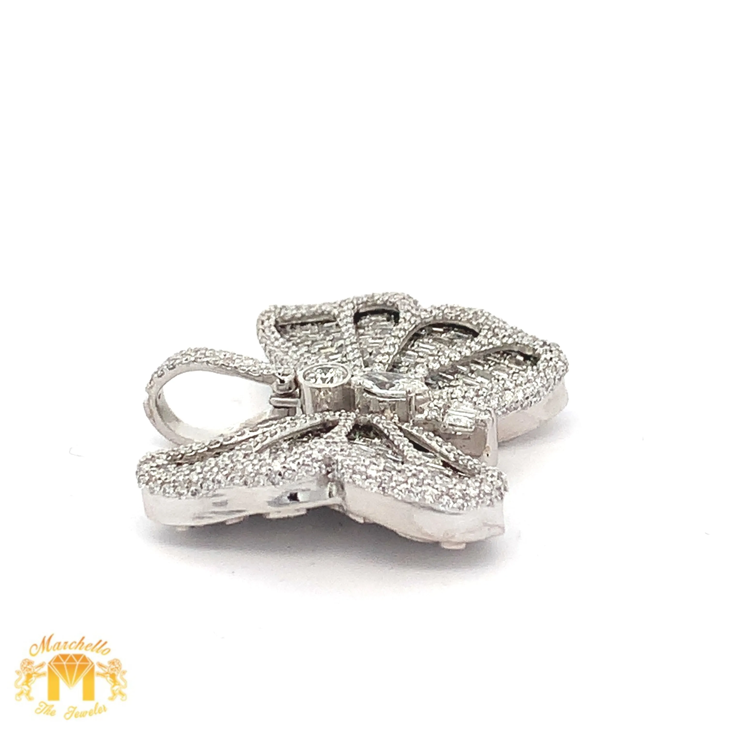 3.42ct diamonds 14k White Gold Butterfly Pendant with Emerald cut and Round Diamonds and 14k white gold Cuban Link Chain Set