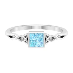5 MM Princess Cut Aquamarine Celtic Solitaire Promise Ring in Bezel Setting