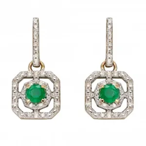 9ct Emerald Illusion Setting Diamond Art Deco Yellow Gold Earrings GE2358G