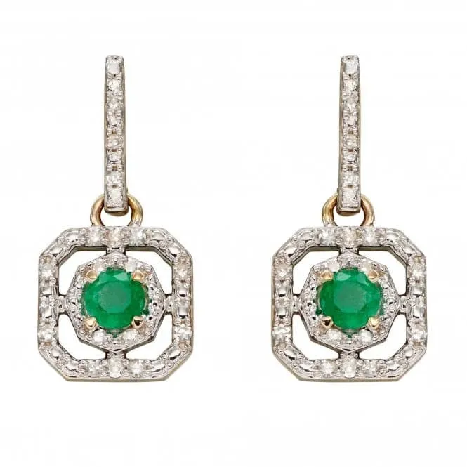9ct Emerald Illusion Setting Diamond Art Deco Yellow Gold Earrings GE2358G