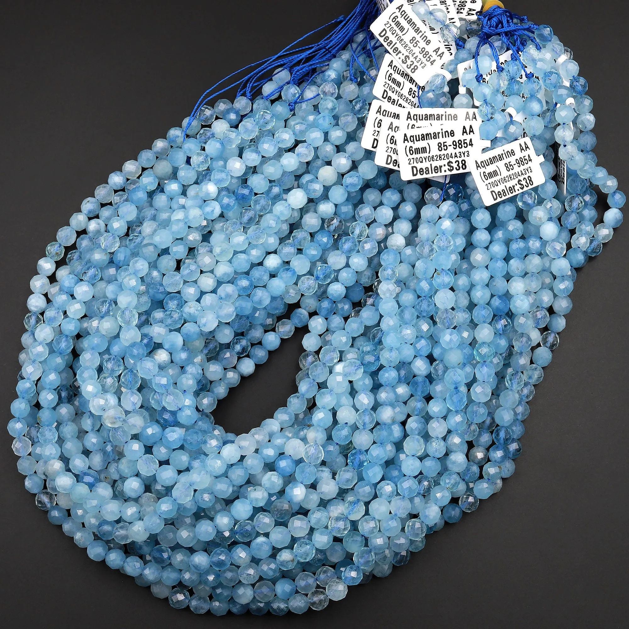 AA Faceted Natural Blue Aquamarine 4mm 5mm 6mm Round Beads Micro Laser Diamond Cut Gemstone 15.5" Strand