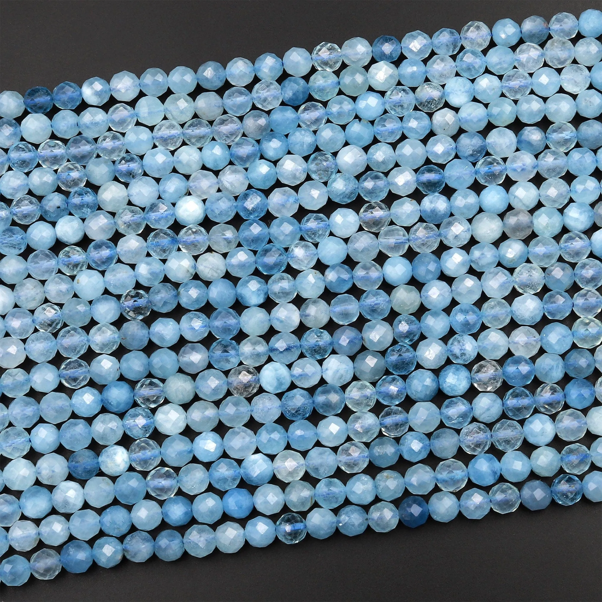 AA Faceted Natural Blue Aquamarine 4mm 5mm 6mm Round Beads Micro Laser Diamond Cut Gemstone 15.5" Strand