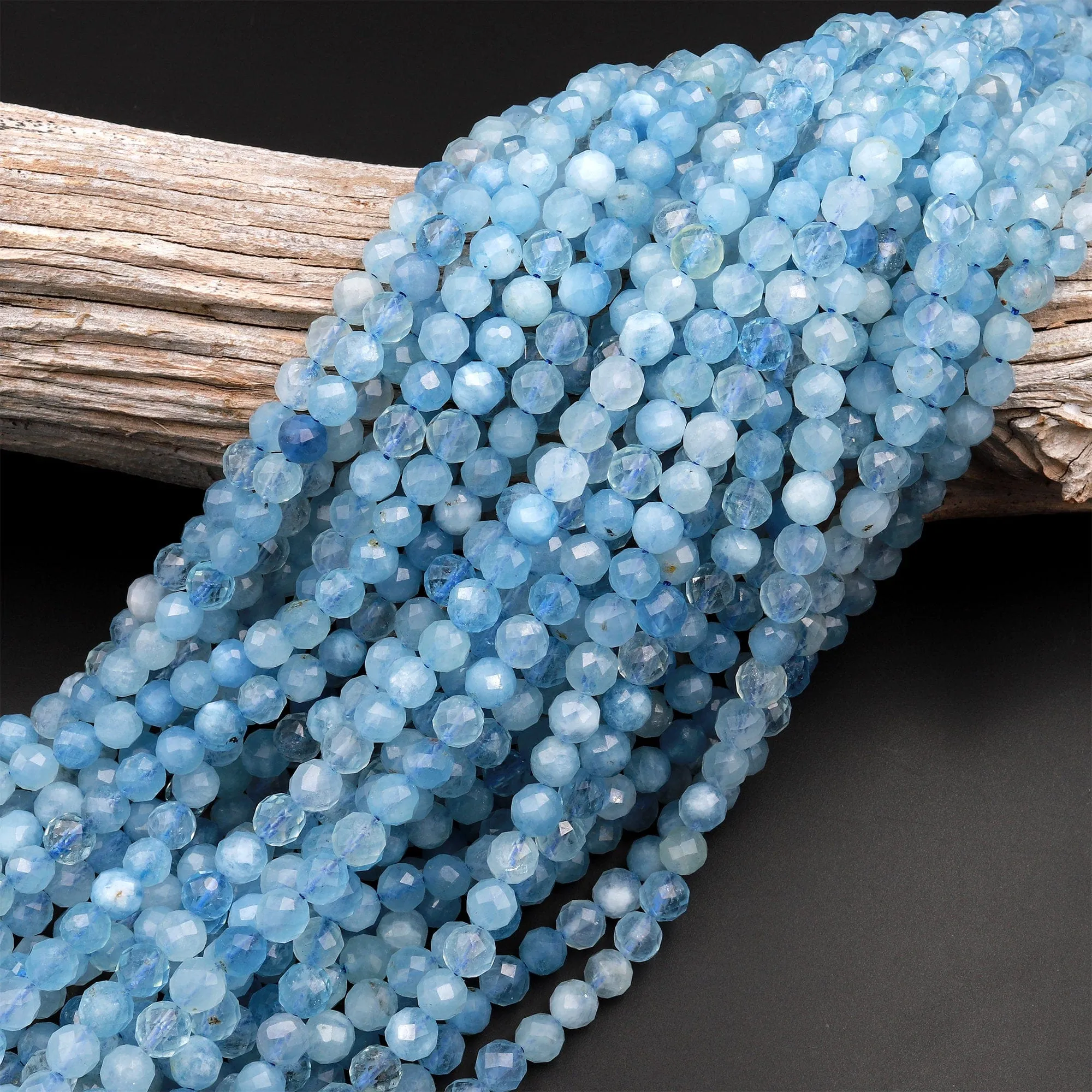 AA Faceted Natural Blue Aquamarine 4mm 5mm 6mm Round Beads Micro Laser Diamond Cut Gemstone 15.5" Strand